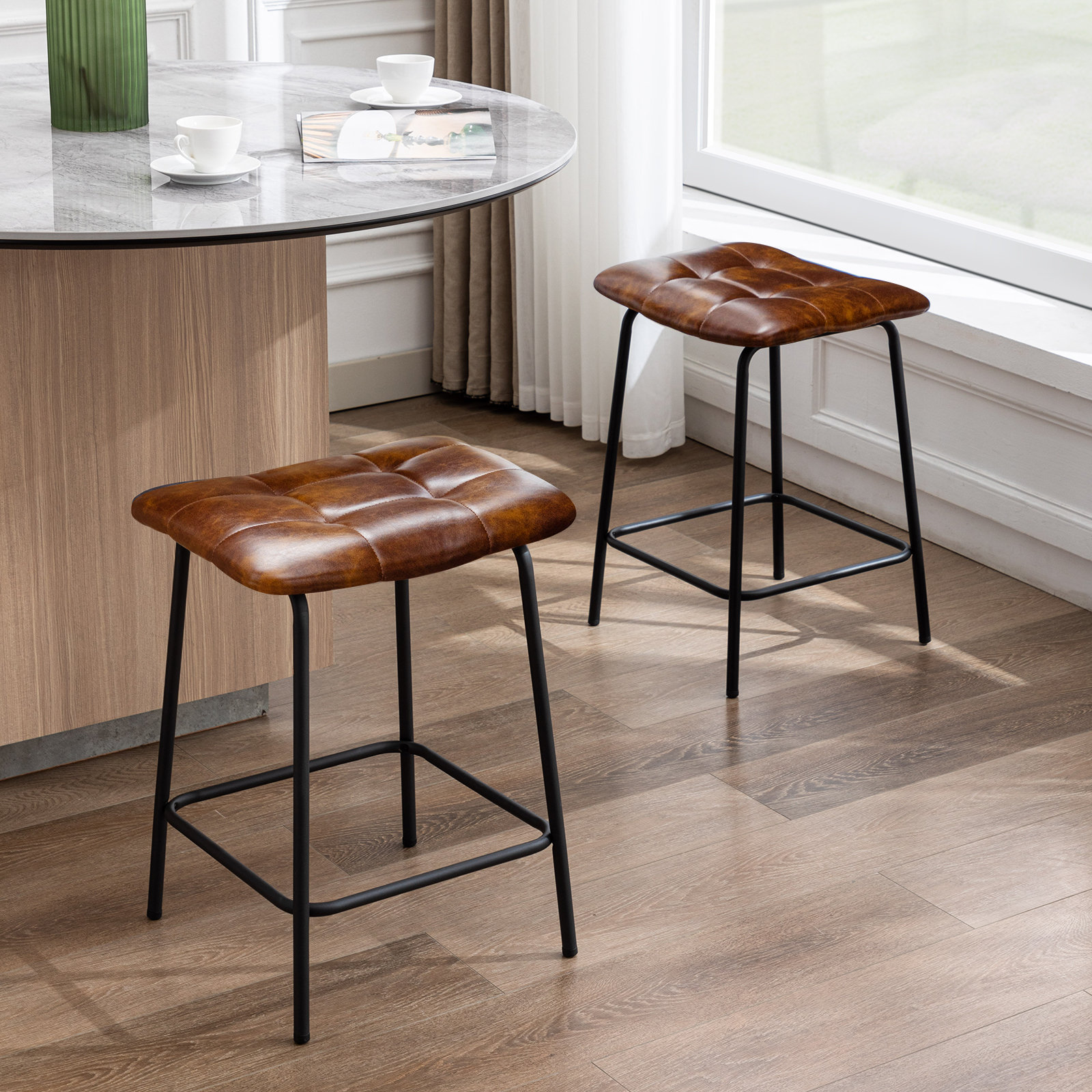 Reza 22 High Leather Tufted Rectangle Seat Modern Sleek Footrest Bar Stool Set of 2 Trent Austin Design Color Dark Brown