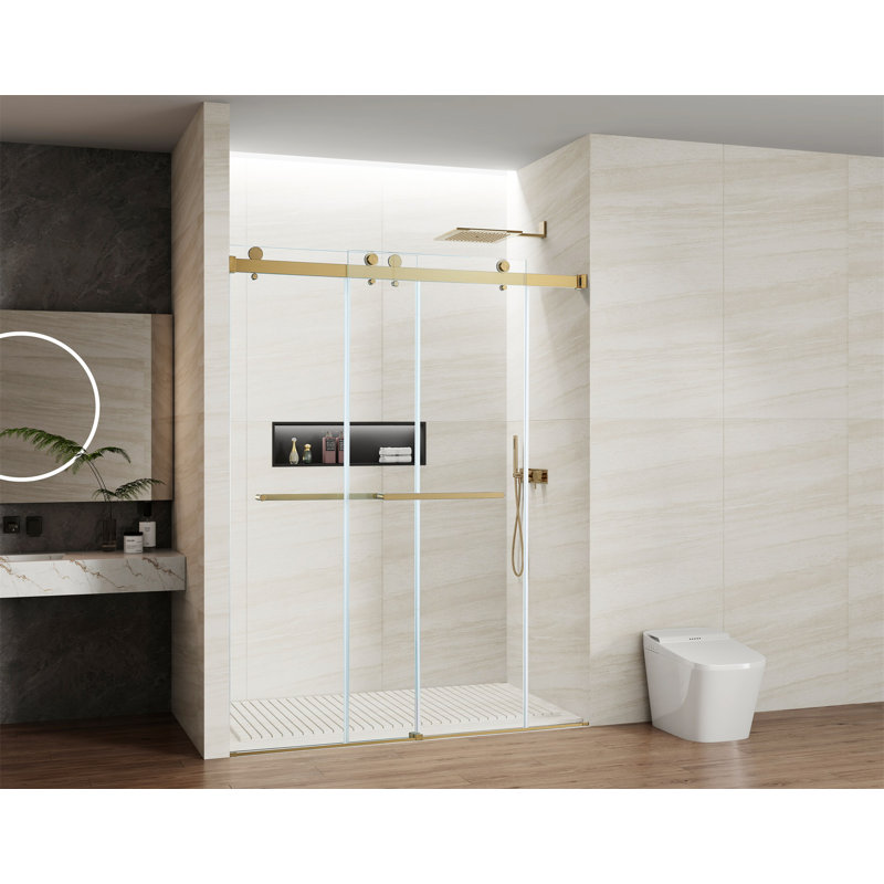 56 à 60 po X 76 po porte de douche coulissante double, 5/16 po verre trempé transparent facile à nettoyer or brossé, Or
