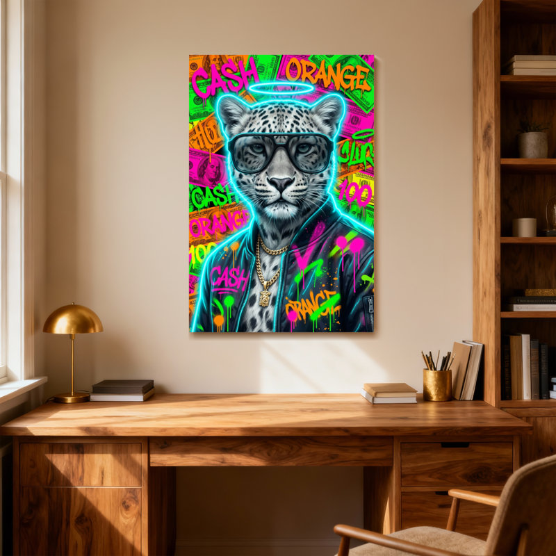 Animaux, léopard néon avec lunettes de soleil et fond graffiti, H 40 po x l 28 po