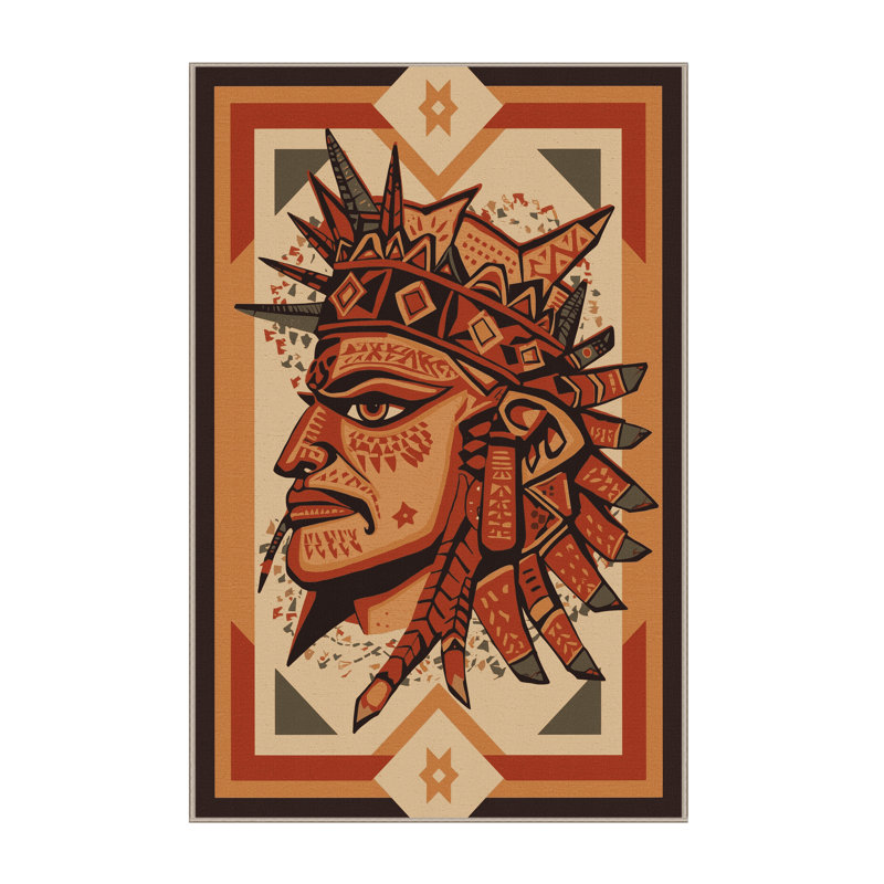 Soft Plush Athanas Olmec Stone Mask Warrior Classic Block Print Area Rug in Brown – Beige Binding, 5x8