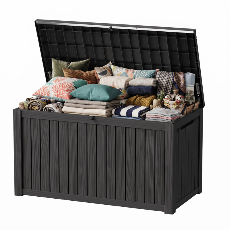 Boîte de rangement extérieure 200 gallons, boîtes de rangement extérieures en résine imperméable, contenant verrouillable pour outils de jardinage, coussins intérieurs, accessoires