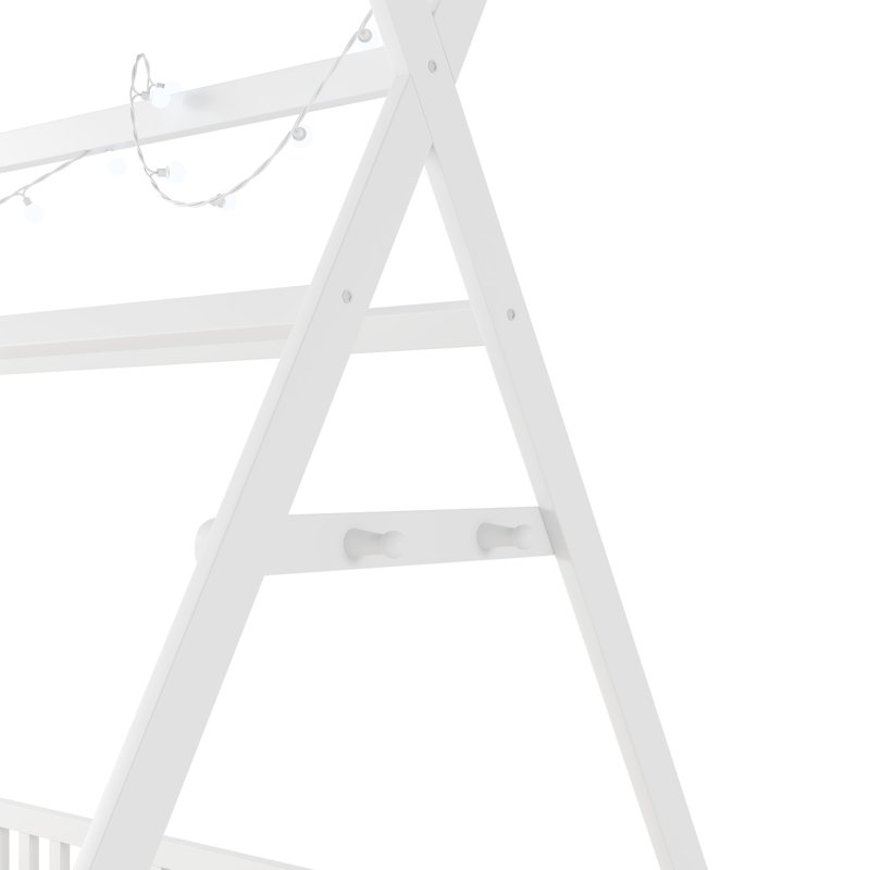 Lit de maison à plancher bas avec clôture et toit, Lit simple, White
