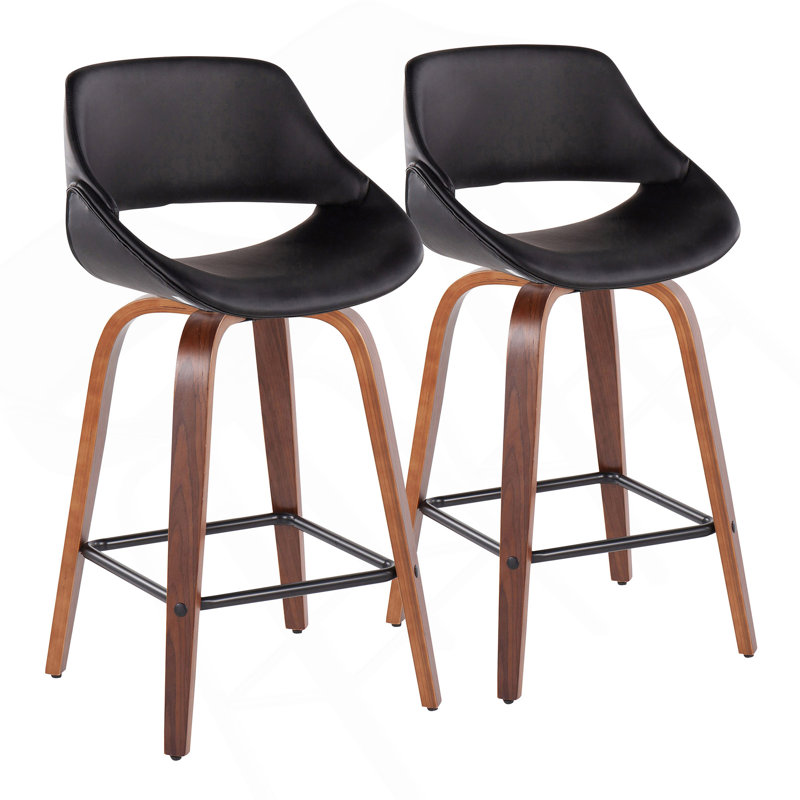 Fabrico Mid-Century Modern Fixed-Height Counter Stool In Walnut Wood With Square Black Footrest And Black Faux Leather By Lumisource - Set Of 2