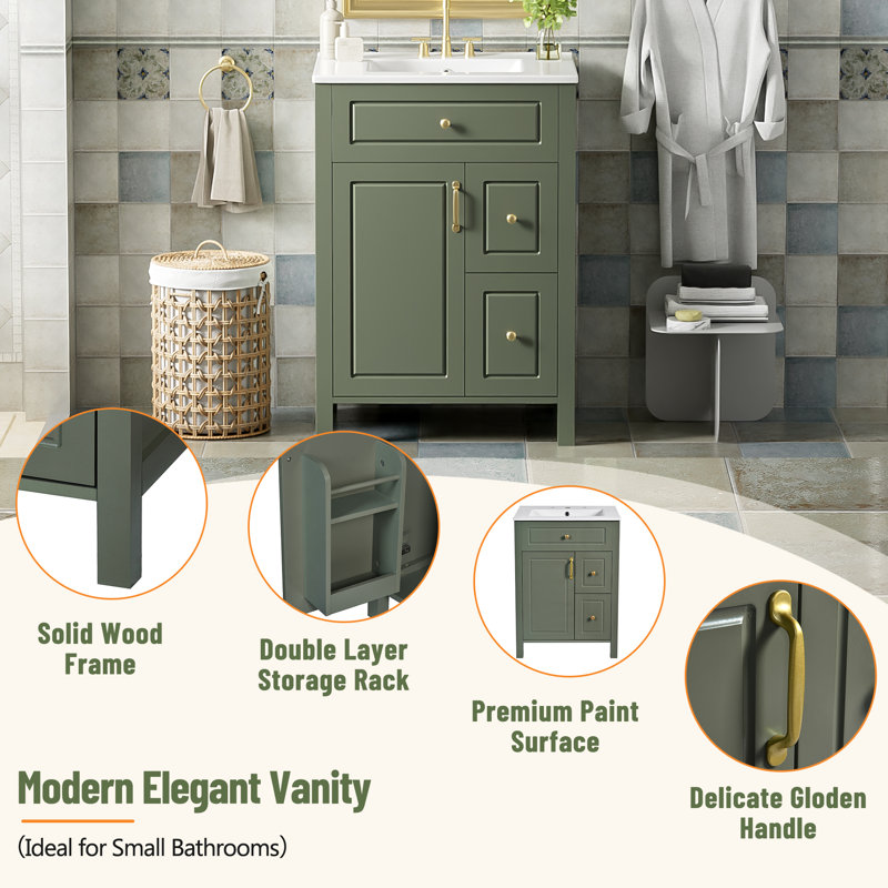 Meuble-lavabo vert 24 po avec lavabo en céramique, porte / tiroirs à fermeture en douceur et supports de rangement doubles