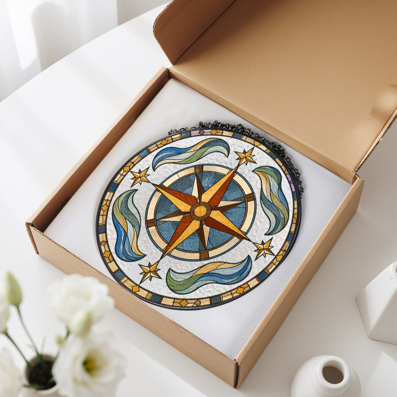"Blue and Gold", Vitrail, boussole, médaillon rose, H 12 po