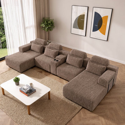 145.7" Oversized U-Shaped Corduroy Sectional Sofa with Cup Holders & Storage – 6-Seater Modular Couch, Deep Seat, Compression Packaged – Tool-Free Assembly for Home Theater, Luxury Living Room, Lounge