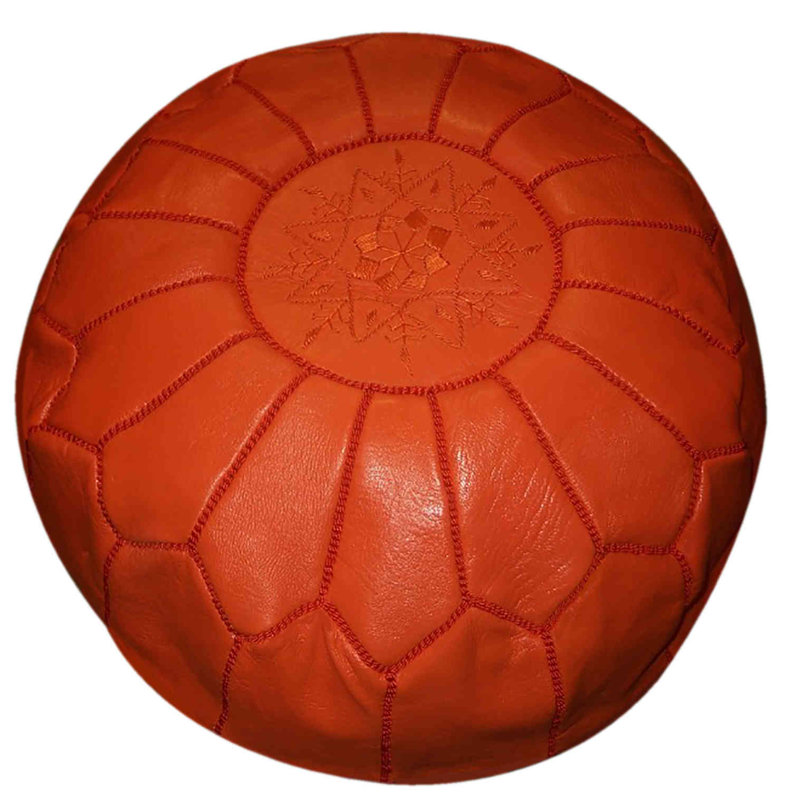 Pouf rond fait main en cuir marocain Aviles, Cuir véritable orange