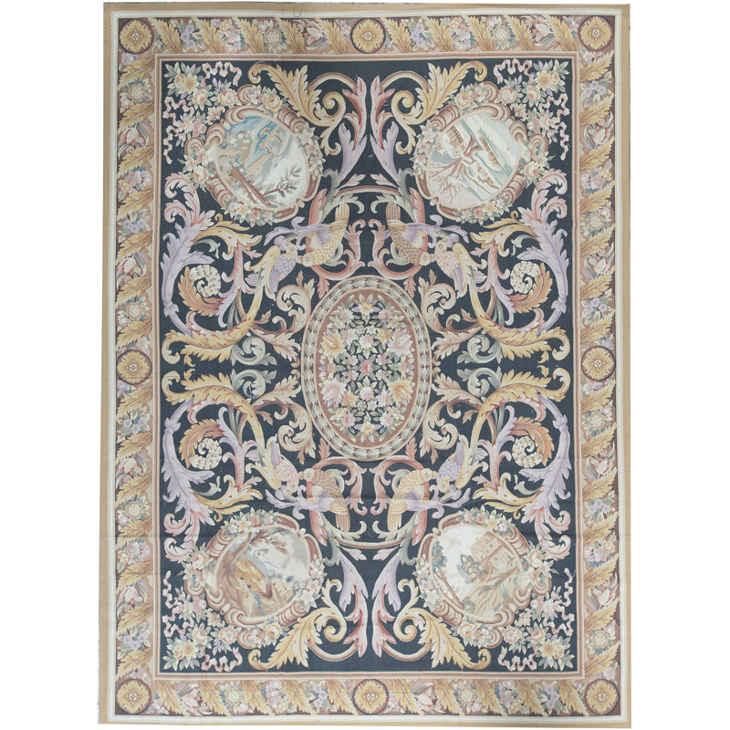 Hand-Knotted High-Quality Black and Beige Area Rug