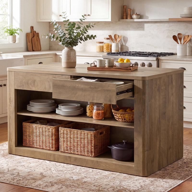 Îlot de cuisine de 55 pouces avec 2 tiroirs, table d'îlot fixe avec étagères de rangement