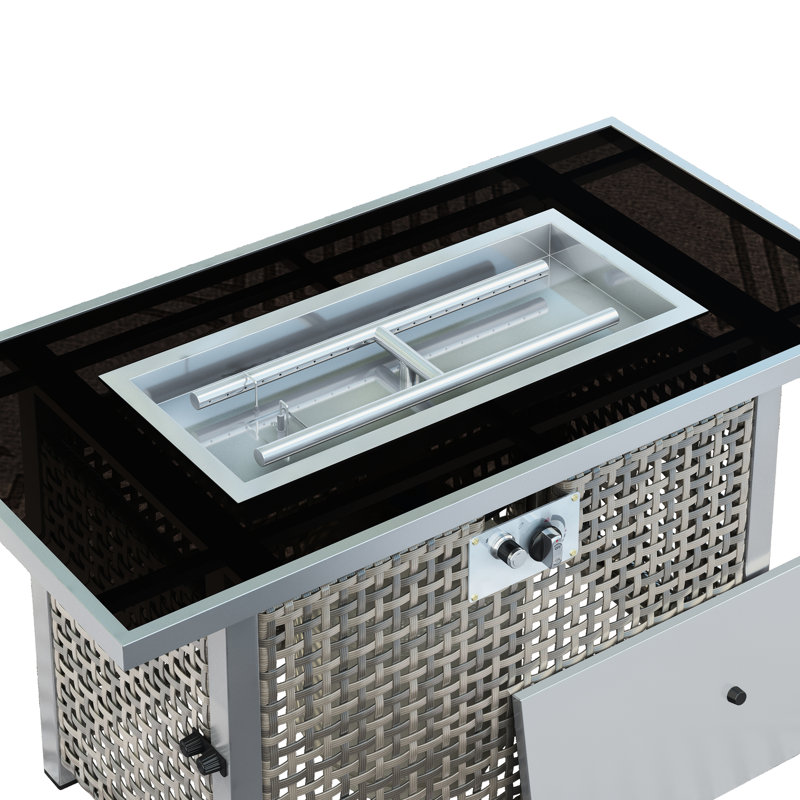 43 Inch Rectangular Propane Fire Pit Table, 60000 , Open Weave In Grey, With Blue Glass Stone Decoration And Wind Guard For Outdoor Entertaining Spaces Gas Patio, Deck, Garden, Backyard - Featuring