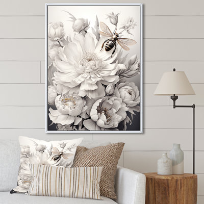 «White Buzzing Bees Flowers 2», art mural insectes et insectes