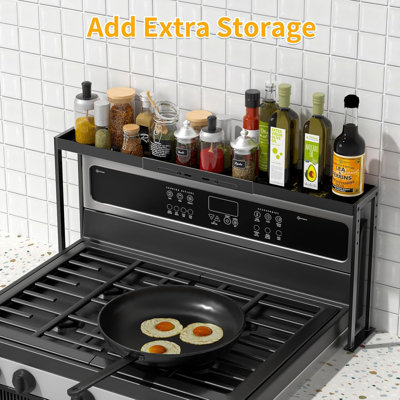 Over the Stove Shelf, Expand 27 to 33 Inch for Curved Stove,Black | 4 Level Adjustable Height,Sturdy Metal Spice Rack Shelf