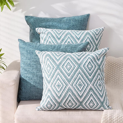 Throw Pillow Covers 18x18 Set of 4, Blue Patterned & Solid Covers