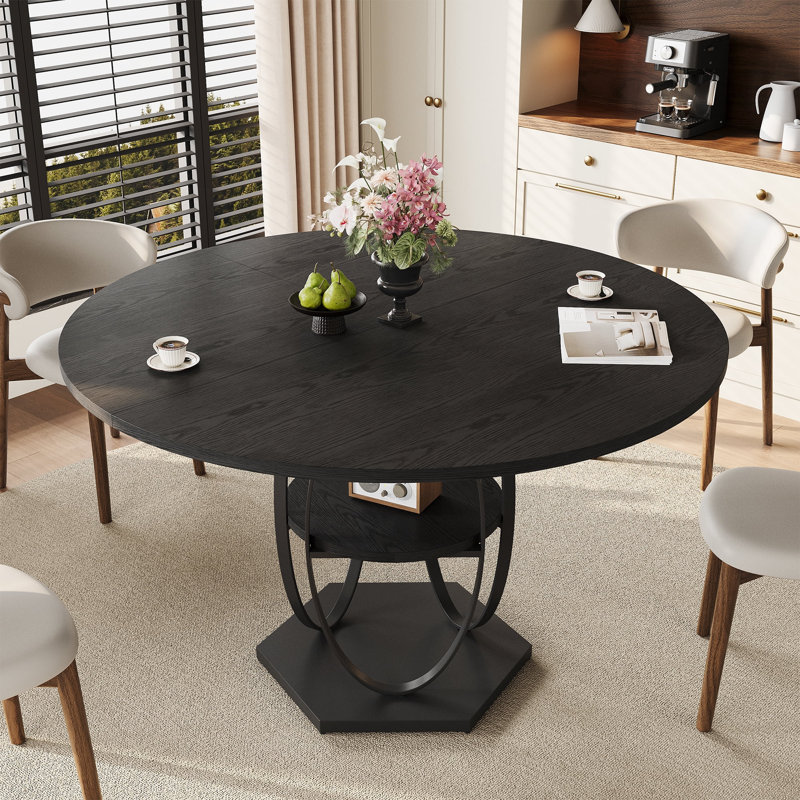 Table de salle à manger ronde de 47 pouces avec tablette de rangement pour la cuisine et la salle à manger (noire), Noir