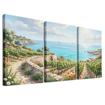 Ensemble de 3 toiles murales représentant un vignoble côtier avec voiliers et mer bleue