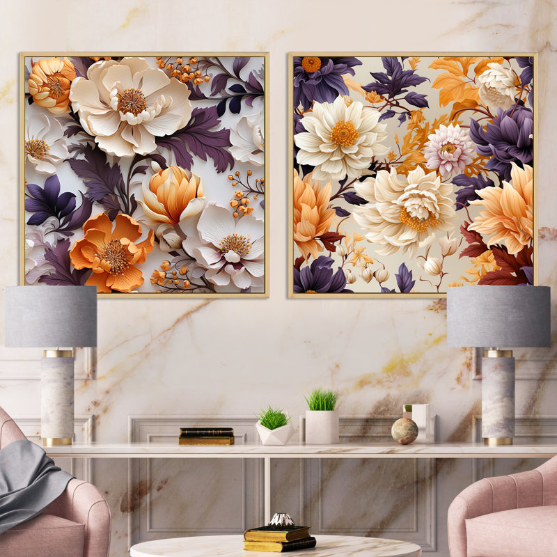 Janes - Ensemble de 2 collages carrés floraux, H 30 po x l 61 po, Cadre flottant brun