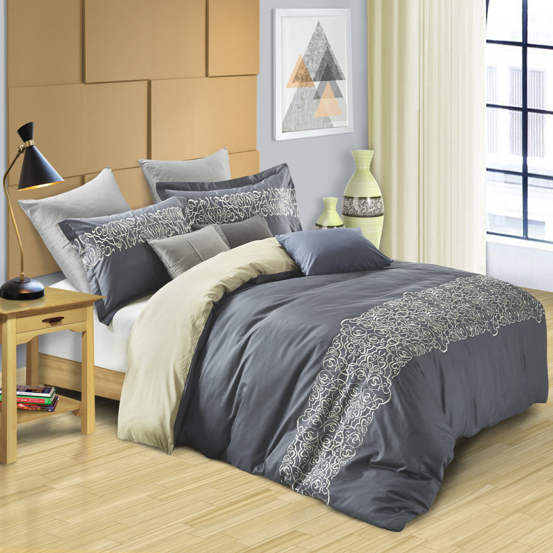 Full/Queen Slate Blue and Cream Cotton Duvet Cover Set