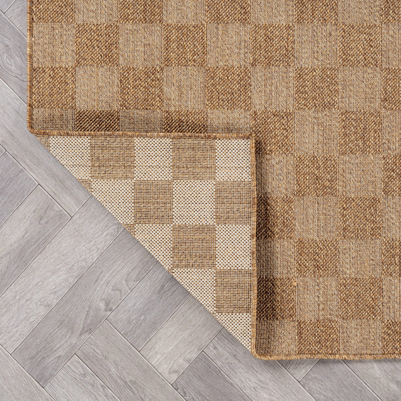 Checkered Sand/Natural Easy-Care Jute-Style Indoor/Outdoor Flat Woven Area Rug, Sand, Rectangle 5' x 7'