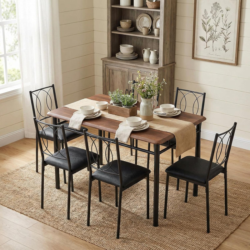 Farmhouse Dining Table Set for 4, Wood Table with Upholstered Chairs, Space-Saving, Walnut, Ivory