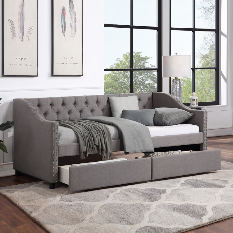 Stylish Upholstered Daybed with Two Convenient Drawers and Reliable Wood Slat Support System