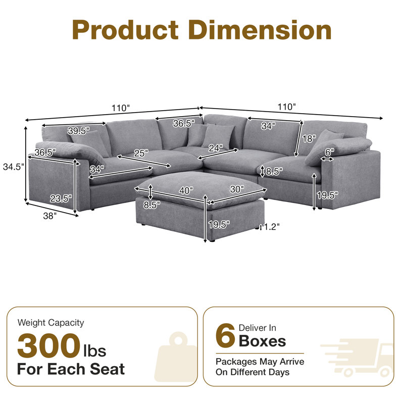 Canapé modulaire surdimensionné 6 pièces en chenille surdimensionné de 110 po avec siège et nuage et repose-pieds amovible