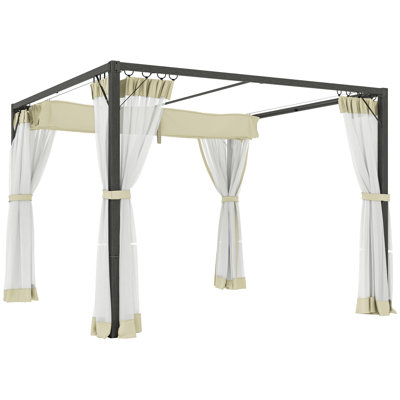 Outsunny 3 x 3 m Pergola with Retractable Roof Canopy and Netting Sidewalls, Aluminium Frame Garden Gazebo Outdoor Sun Shade Shelter for Grill, Patio, Deck, Khaki
