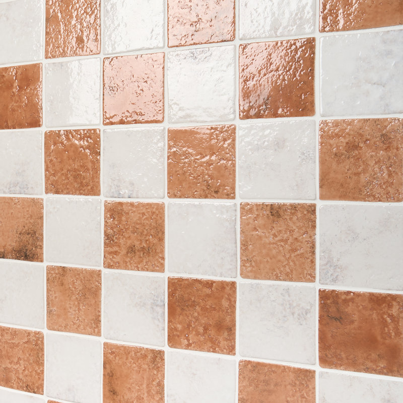 Greta 5x5 Checkered Glossy Textured Porcelain Tile, Sunset Terracotta/Seashell White