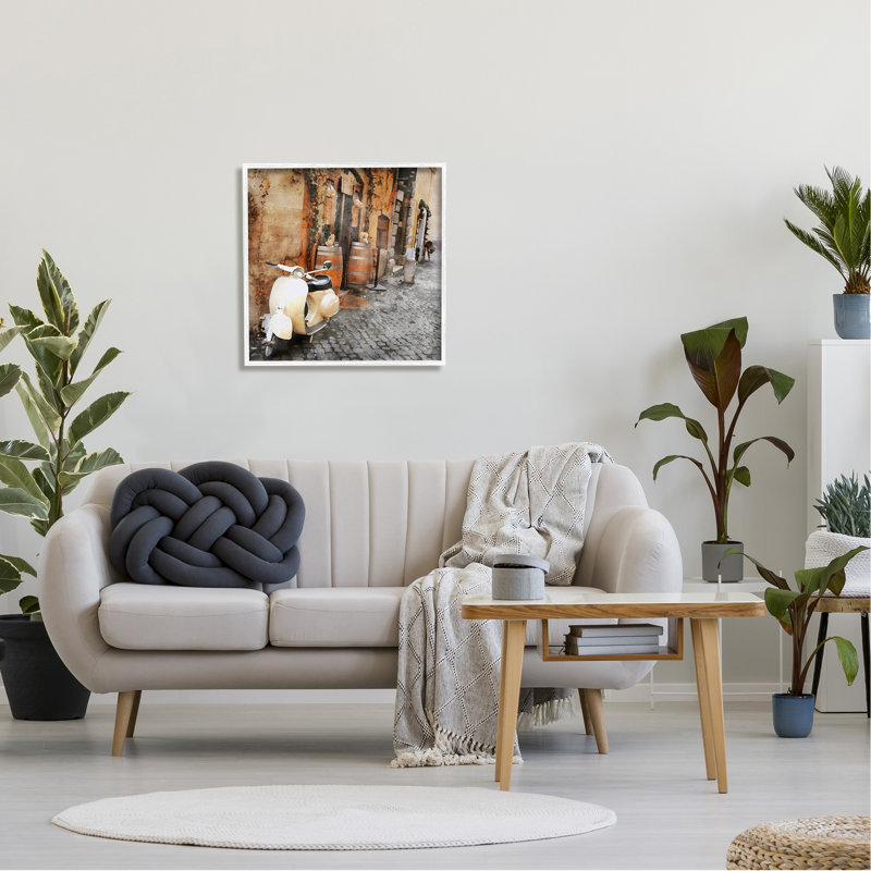 " Moped In Town Alley " by LSR Design Studio, White Framed, 24" H x 24" W x 1.5" D