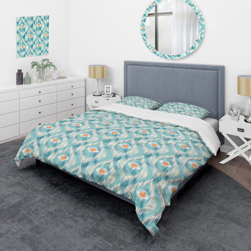 Ensemble de housse de couette à motif ikat bleu rétro, Housse de couette simple + 1 taie décorative stan