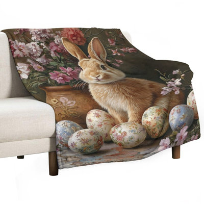 Lapin à côté d'un vase floral, œufs de Pâques, jeté en flanelle de luxe, couverture douce et pelucheuse pour salon, canapé-lit, décoration intérieure