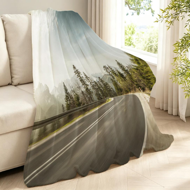 Jeté en flanelle verte ultra douce, imprimé recto Mountain Road at Hight, Throw 40" x 50"