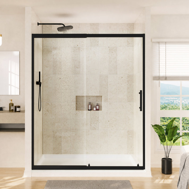 Porte de douche coulissante simple encadrée, 142 à 152 cm de largeur x 183 cm de hauteur, verre trempé de 6 mm avec revêtement nano facile à nettoyer, réglage télescopique de la largeur sans découpe sur 10 cm, coulissante réversible gauche/droite