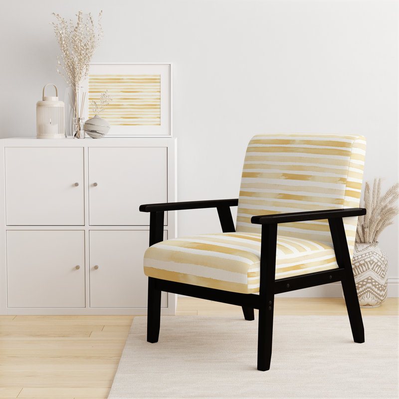 Chaise d'appoint moderne - Fauteuil jaune pâle à lignes dorées, Accoudoirs carrés noirs