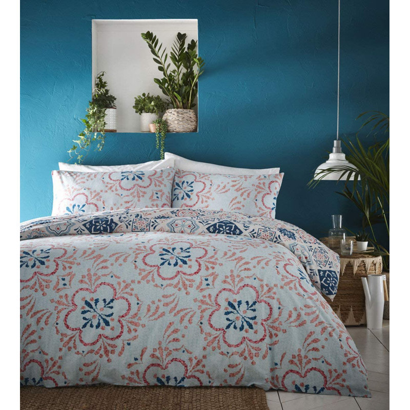 Pink/Blue 56 TC Reversible Duvet Cover Set, 135 x 200cm Duvet Cover + 1 Standard Pillowcase, Teal/Orange/White