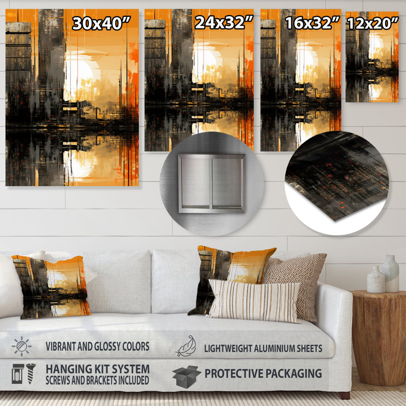 «Abstract Cityscape Sunset», reproduction d'art murale abstraite en métal, H 32 po x l 24 po x P 1 po