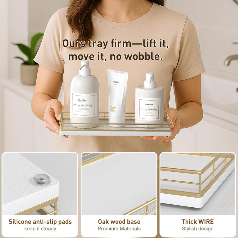 Plateau de salle de bain pour organisateur de comptoir - Plateau de meuble-lavabo en bois de chêne avec cadre en métal