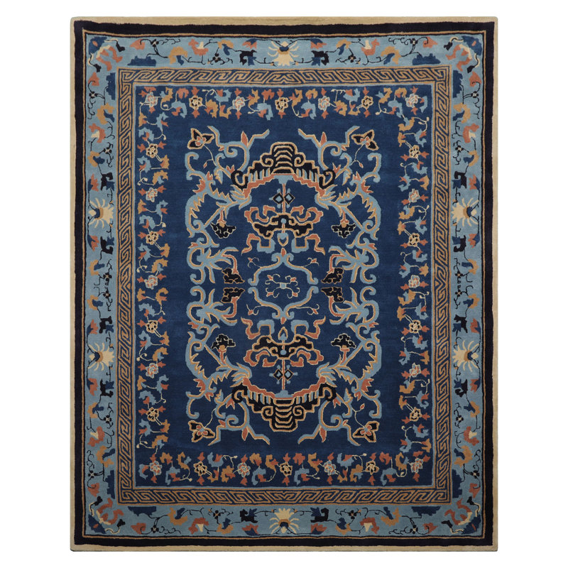 Tapis bleu marine touffeté à la main multicolore de style art déco, Rectangle de 5 pi x 8 pi