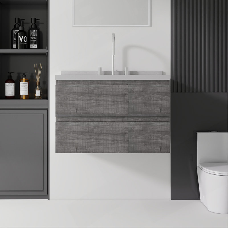 Meuble-lavabo suspendu de 76 cm avec lavabo, tiroir à fermeture amortie, comptoir et dosseret en marbre synthétique blanc granité de 5 cm, contreplaqué