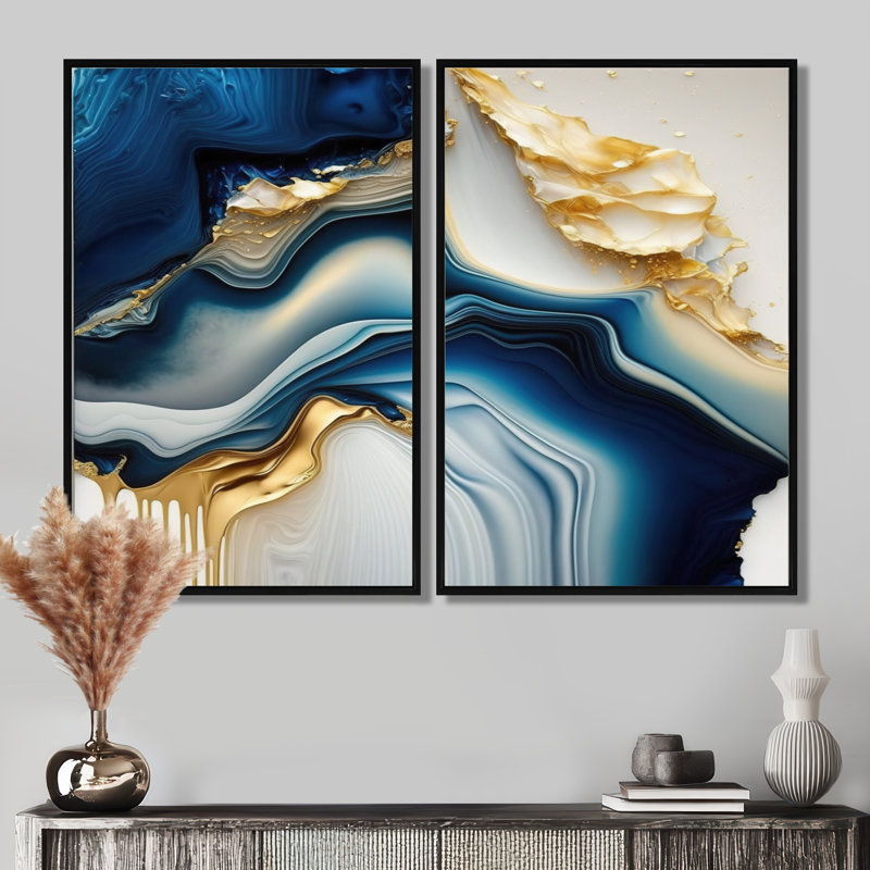 «Abstract Geode Gold and Blue Marble - Art mural abstrait en marbre, impression sur toile abstraite bleue 2 pièces, Noir