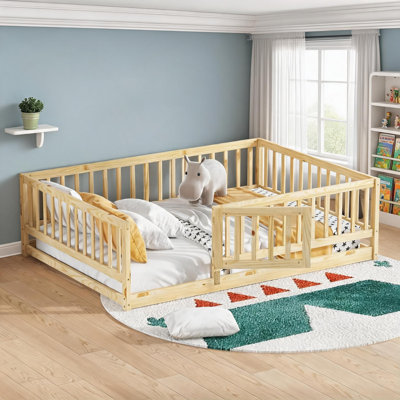 Solid Pine Platform Floor Bed, Full Size Montessori Kids Bed with Removable Door and Guard Fence for Children Bedroom