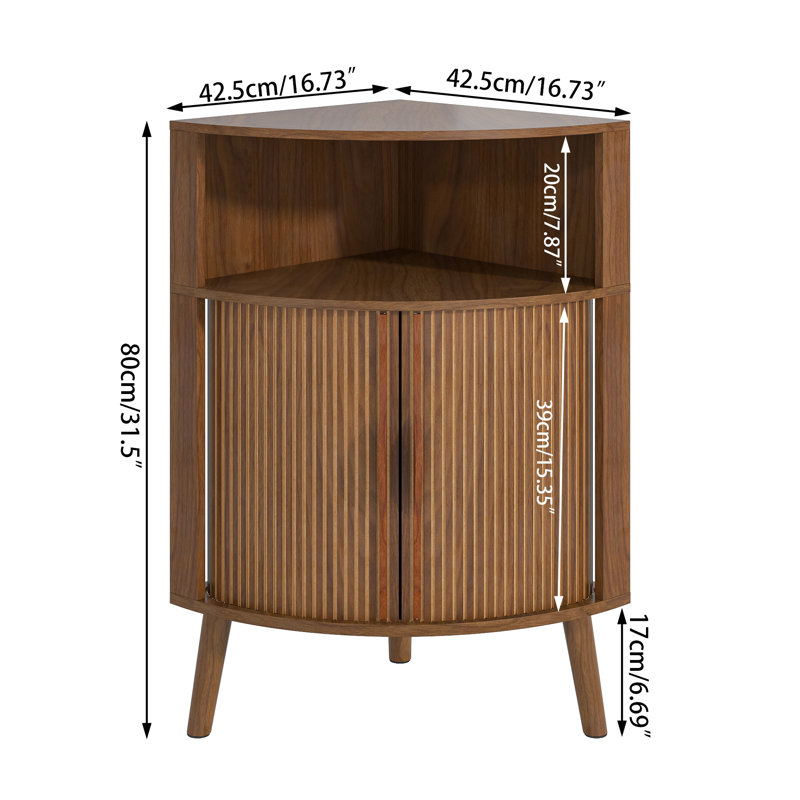 Armoire de coin avec 2 portes cannelées, étagère de coin autoportante pour le salon, la cuisine, la salle de bain, Noyer