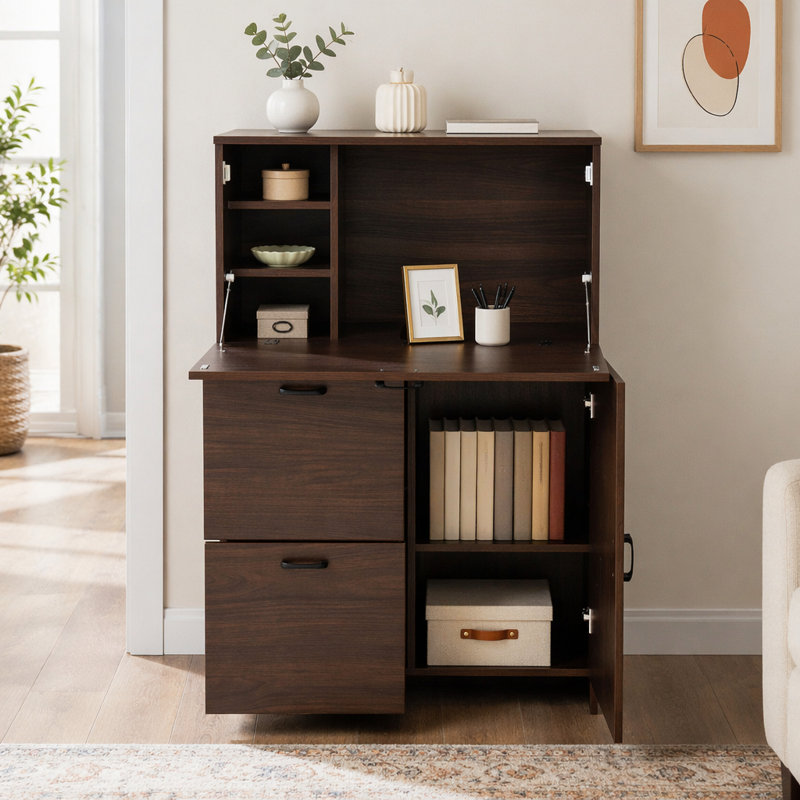 Desk Cabinet, with Storage Drawer & Shelves, Fold-up Desktop, Ideal for Home, Office, Dormitory