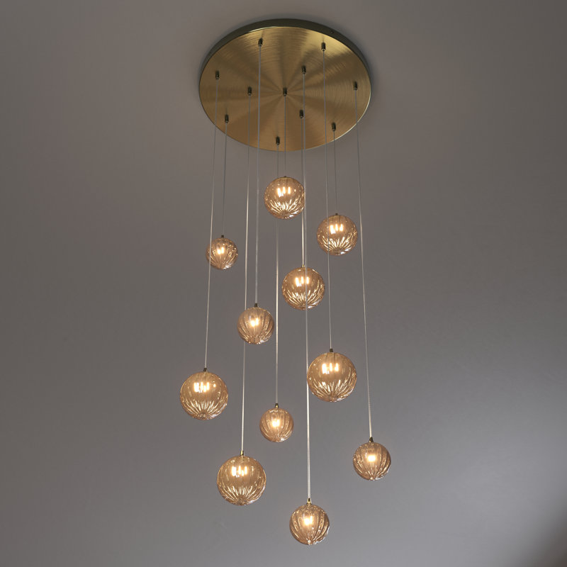 Vine 11 Amber Glass Pendants Chandelier, Brass, 84"