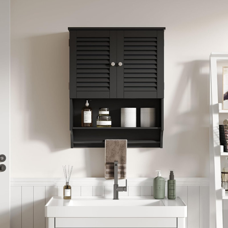 Wall-Mounted Bathroom Cabinet With Louvered Doors, Black