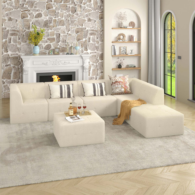 Canapé modulaire Vasya, Velours côtelé beige, H 29,92 po x l 130,32 po x P 98,23 po