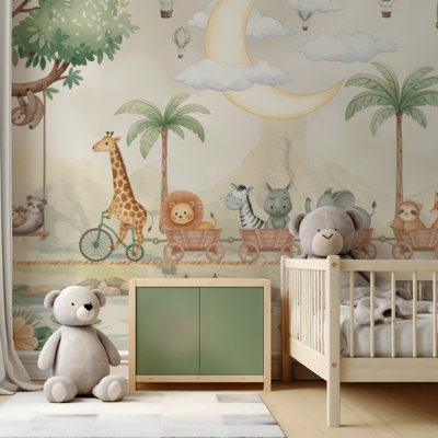 Animal Train Treehouse Kids Wall Mural | Safari Giraffe and Lion Nursery Wallpaper | Non-Woven or Peel and Stick