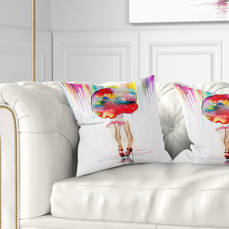 Fille avec un parasol rouge - coussin imprimé abstrait, 18 po x 18 po, Coussin décoratif