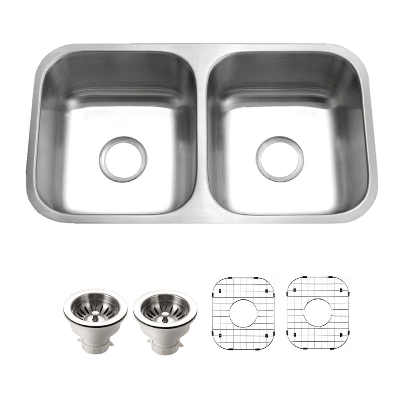 Houzer 31 in Stainless Steel Undermount 50/50 Double Bowl Kitchen Sink w/ Strainer,Grid-STD-2100-C