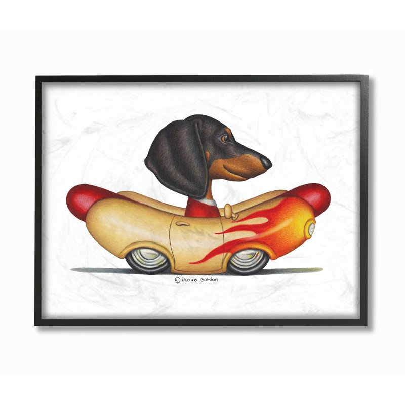 «Dachshund in Weenie Mobile Playful Car Illustration» par Danny Gordan - impression d'art graphique