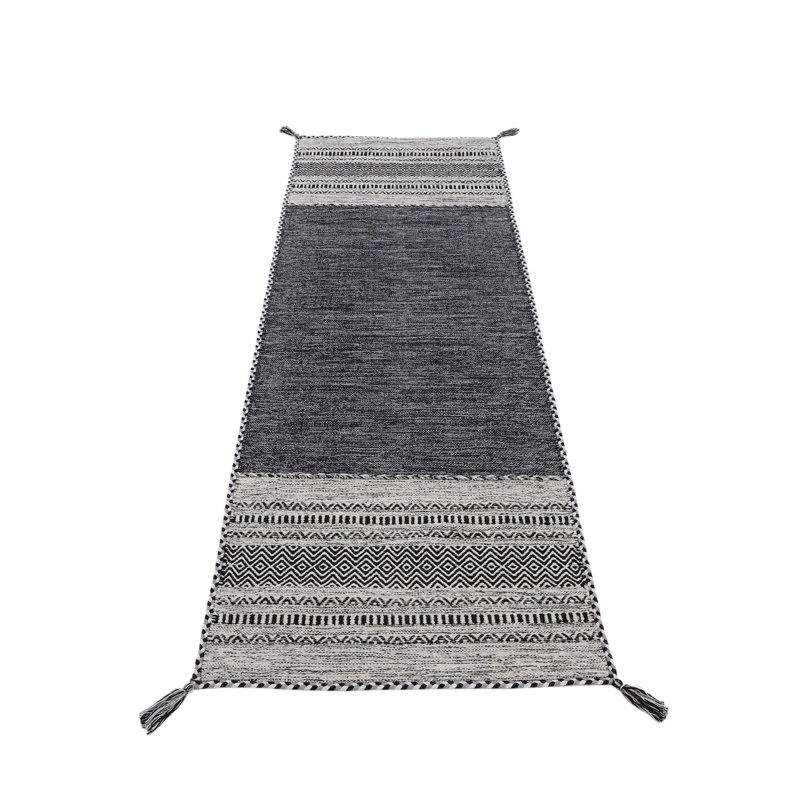Azizi Striped Hand Woven Cotton Black Rug, Runner 80 x 500cm